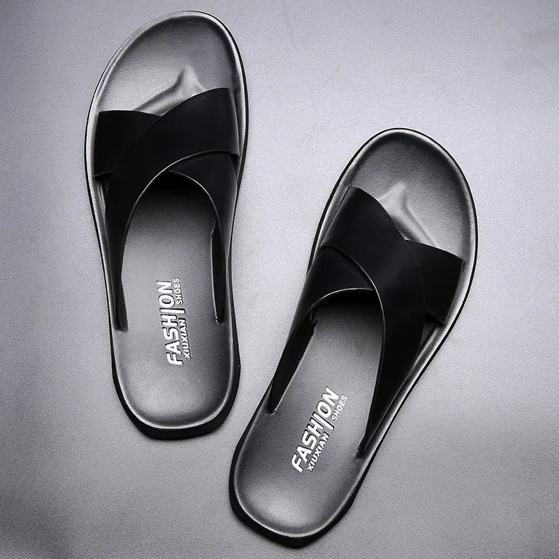 Summer New Outdoor Wear Slippers Men's Leather Korean Version of the Trend Mens Sandals Non-slip Flip-flops Mens Beach Shoes