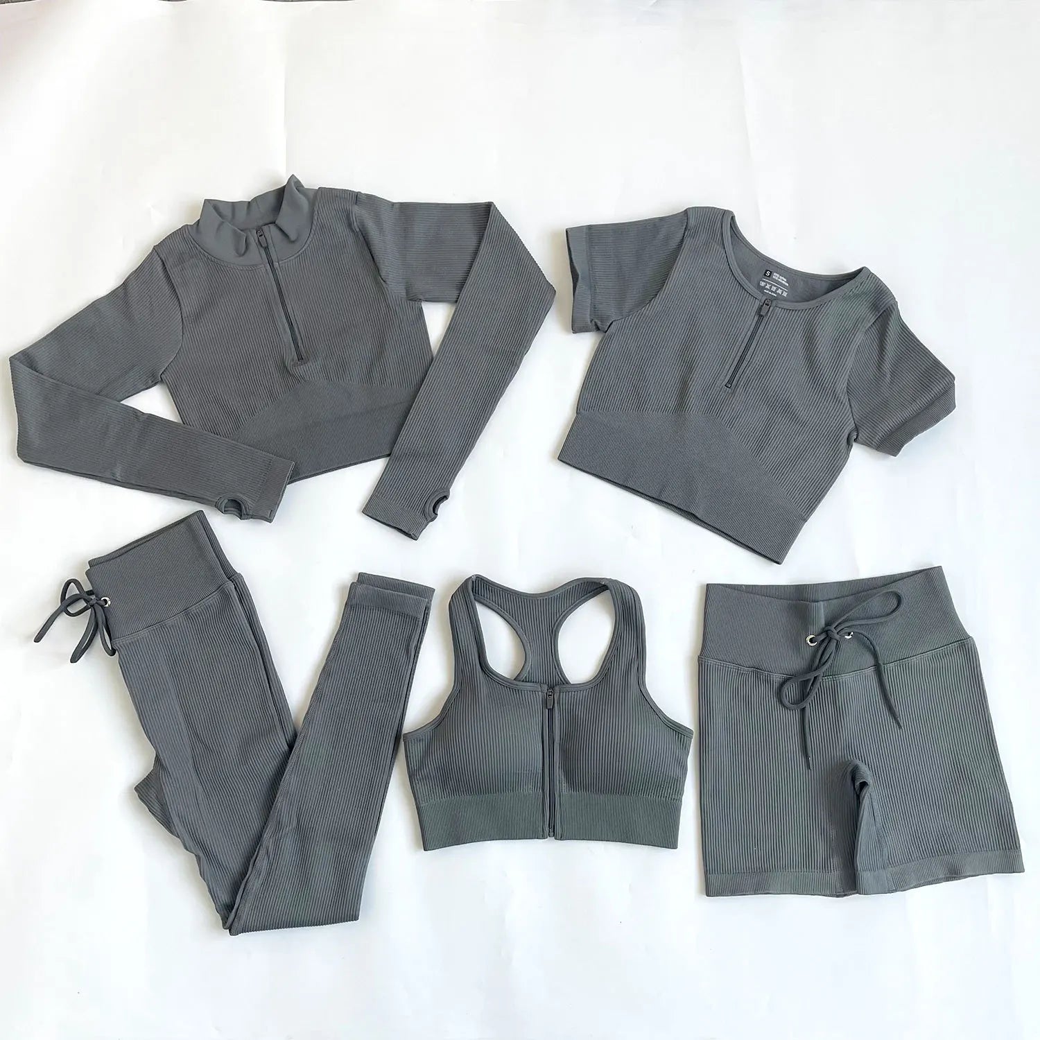 Wholesale Custom 5Pcs Sports Fitness Activewear Gym Woman Seamless Ribbed Workout Clothing Yoga Active Wear Set