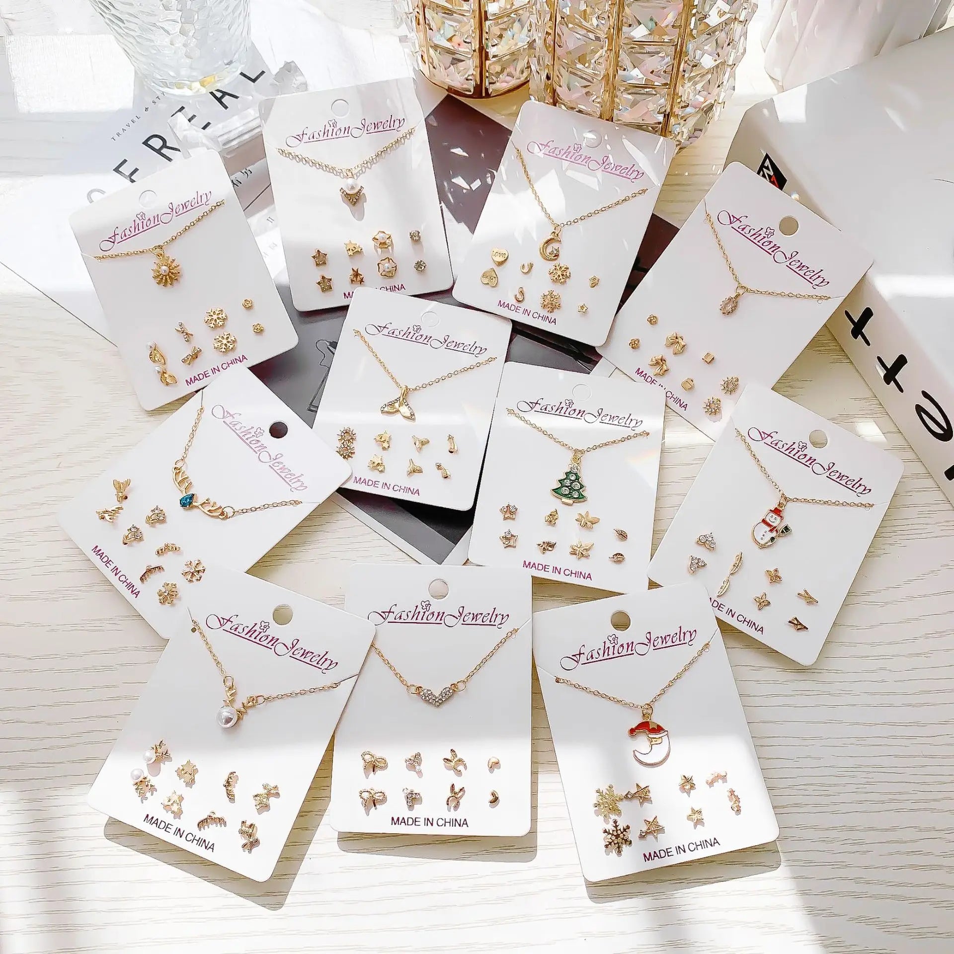 Silver Crystal Rhinestone Christmas Fashion Snowflake Flower Necklace Earrings 5 Piece Set Paper Card Jewelry Set