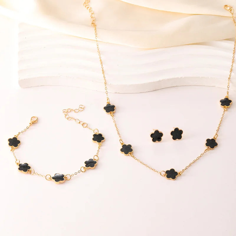 3 Pieces Set Lucky Five Leaf Flower Bracelets Women Enamel Clover Charm Gold Plated Bracelet Necklace Ring Earring Jewelry Set