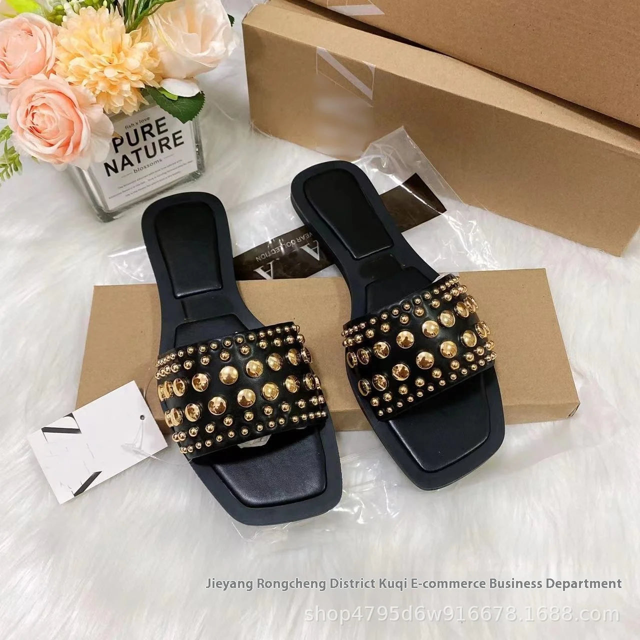 Temu Women's   Shoes Hot European American Style Metal Stud Decorative Flat for Slippers Fashion Trend Daily Outfit