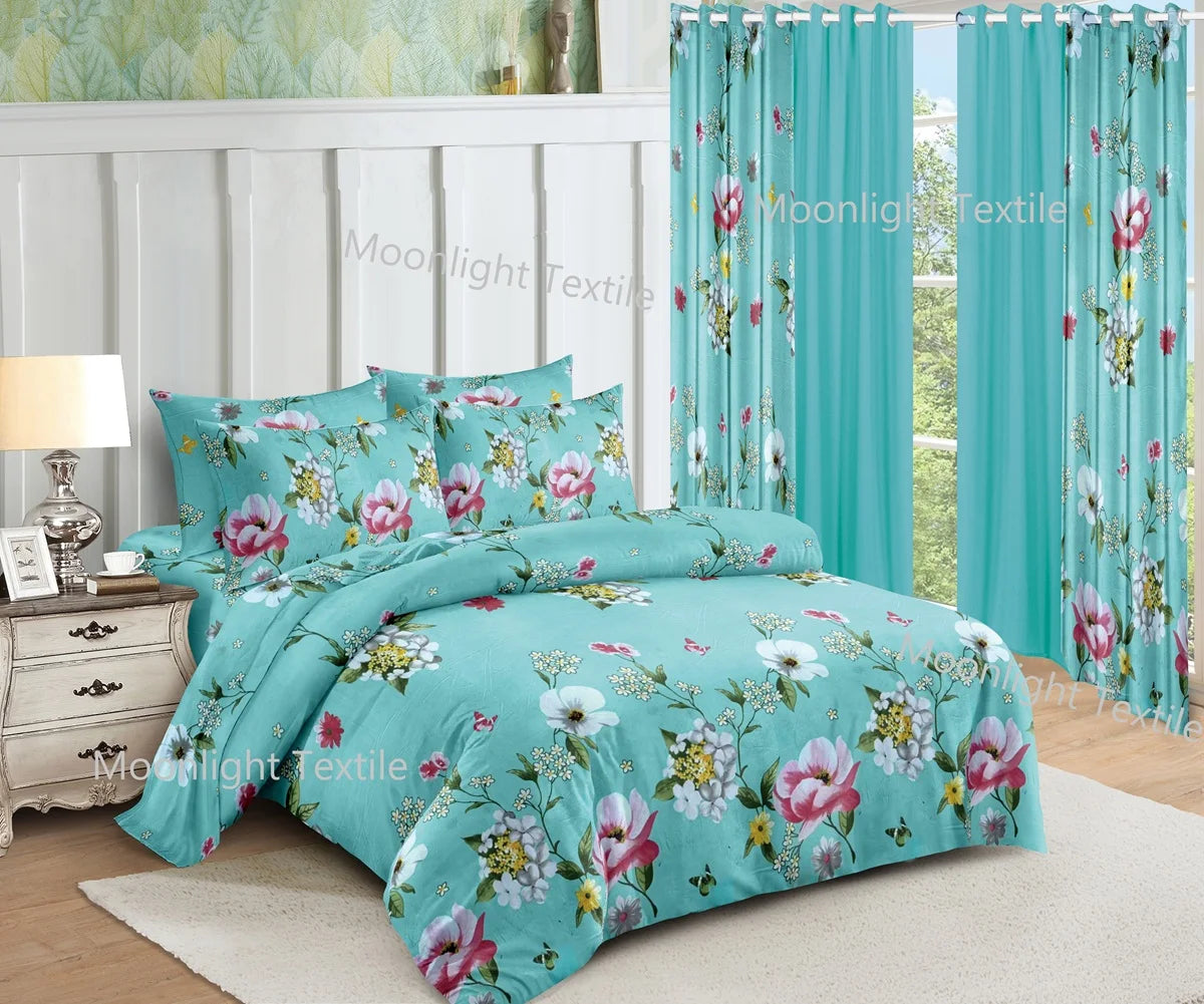 American Styles 10 Piece Set Pink Big Flowers Bedroom Flat Sheet with Curtain Bedding Set