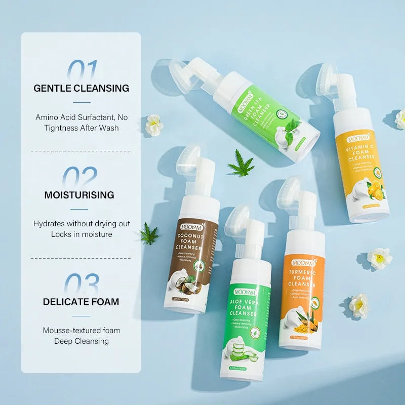 Natural Organic Foaming Acne Face Wash Moisturizing Deep Cleansing Mousse Exfoliating Bubble Facial Cleanser with Brush