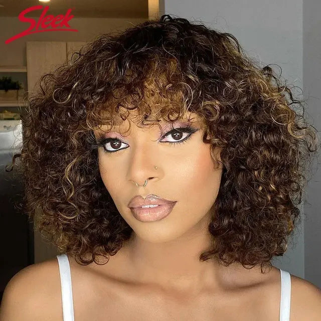 10" Human Hair Machine Made bob Wig With Bangs Curly Non Lace bob Wig 14 Inch Human Hair Highlight Women Wigs Human Hair bob