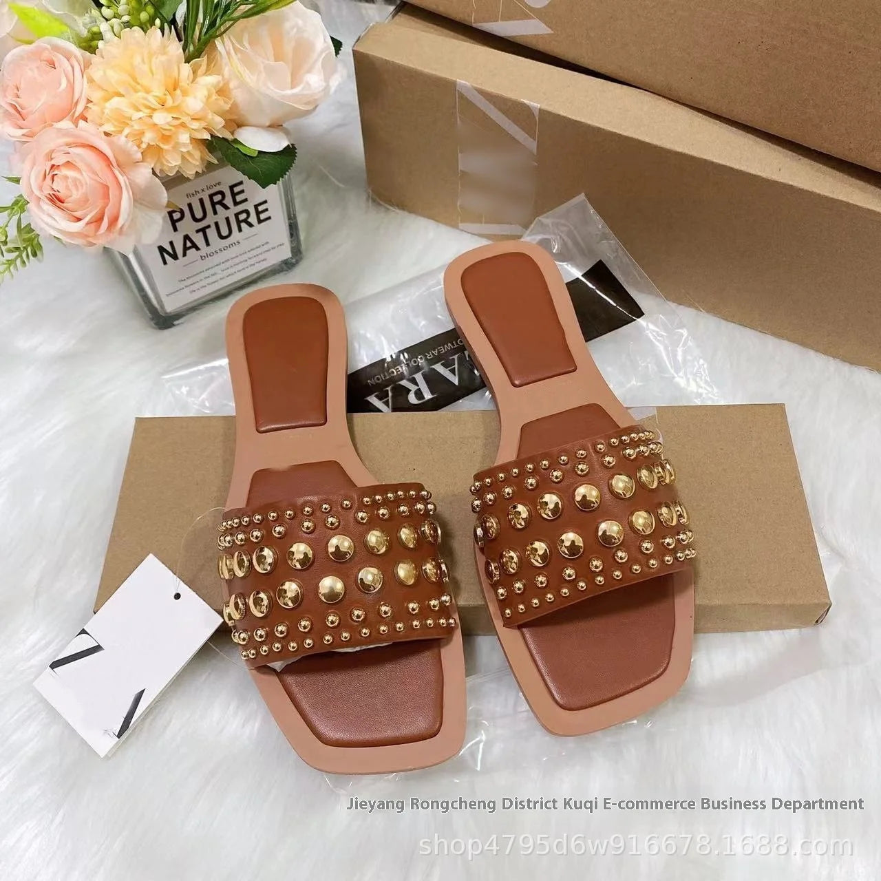 Temu Women's   Shoes Hot European American Style Metal Stud Decorative Flat for Slippers Fashion Trend Daily Outfit