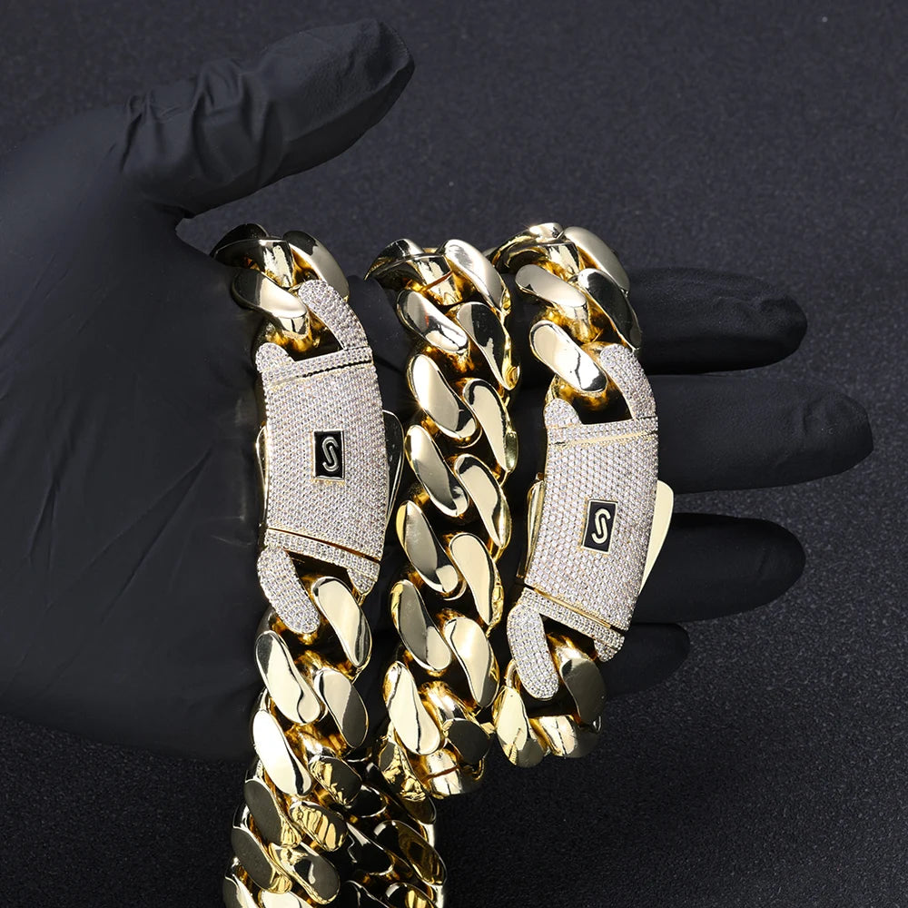 NUOYA 14K/18K Gold Plated Thick Solid Cuban Link Chain Hip Hop Jewelry Iced Diamond Clasp Flat Miami Cuban Link for Men Women