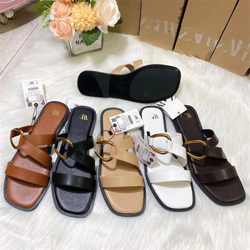 2025 Fashionable Female Leather Flat Sandals Summer Beach Slippers Ladies Slides Slippers Outdoor Women Babouches