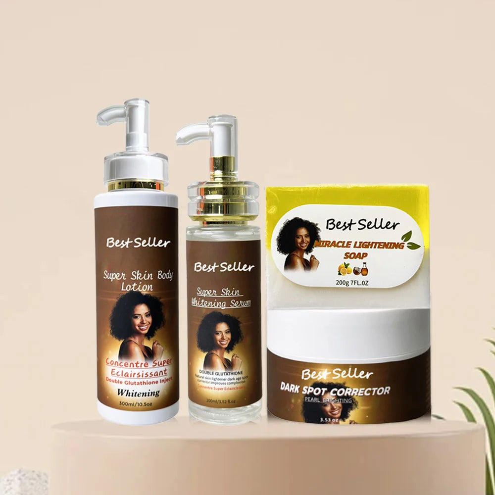 Best Seller Whitening Skincare Kit with AHA Vitamin C Includes Body Lotion Serum Face Soap & Dark Spot Corrector for Brightening