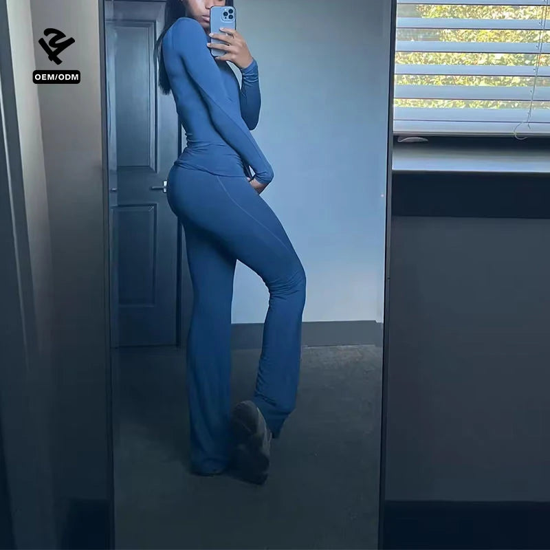 L1229 Custom Lounge Wear Two Piece Set Women Clothing Outfits Long Sleeves Tops Foldover Flare Pants Crew Neck Tshirts Pants Set