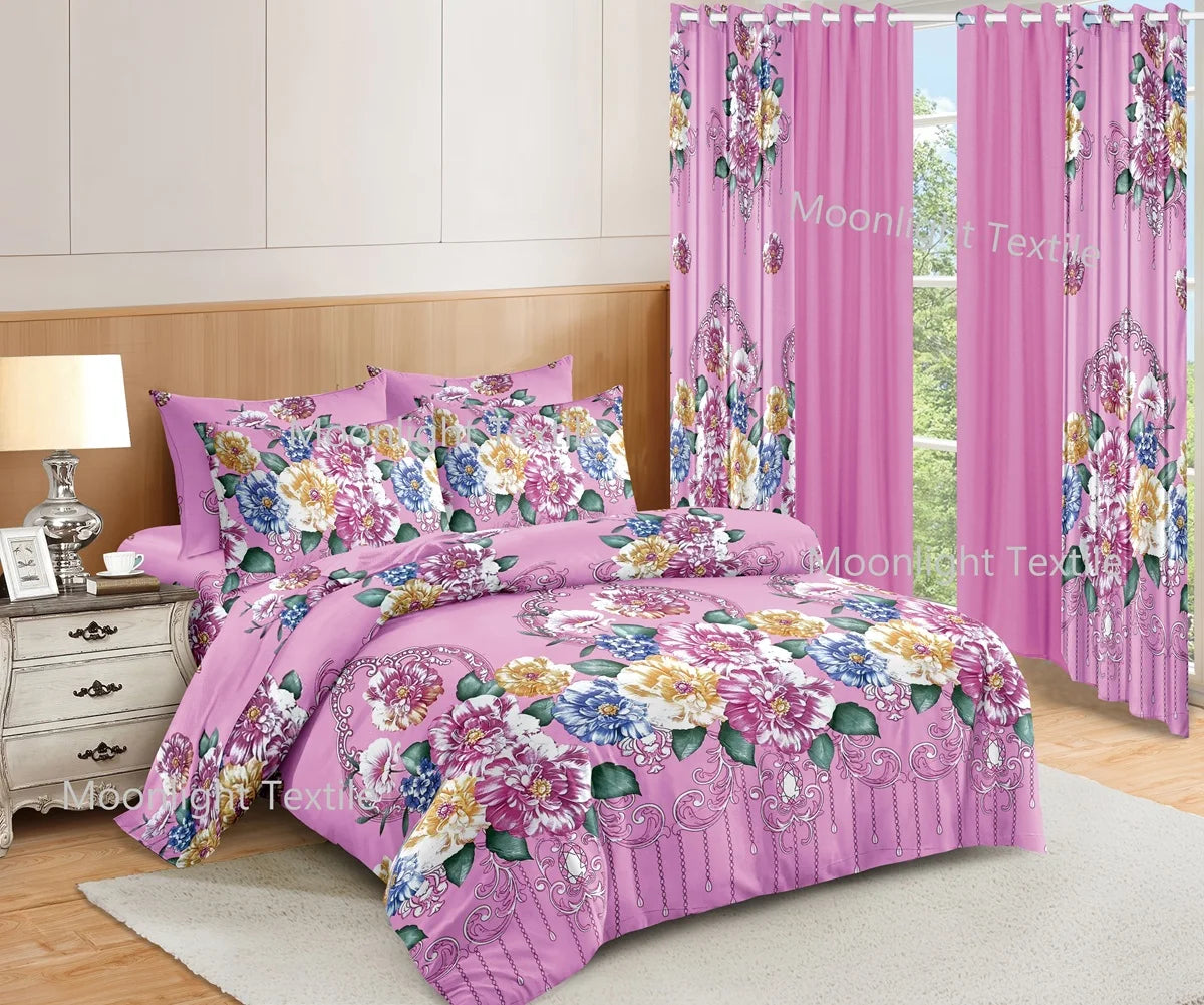 American Styles 10 Piece Set Pink Big Flowers Bedroom Flat Sheet with Curtain Bedding Set