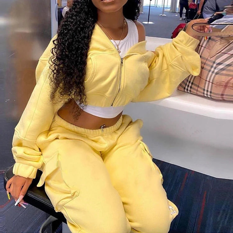 L230716 Custom Embroidery Oversized Zip up Crop Top Hoodie and Jogger Set Two Pieces Hip Hop Women Tracksuit Jacket Hoodie Set