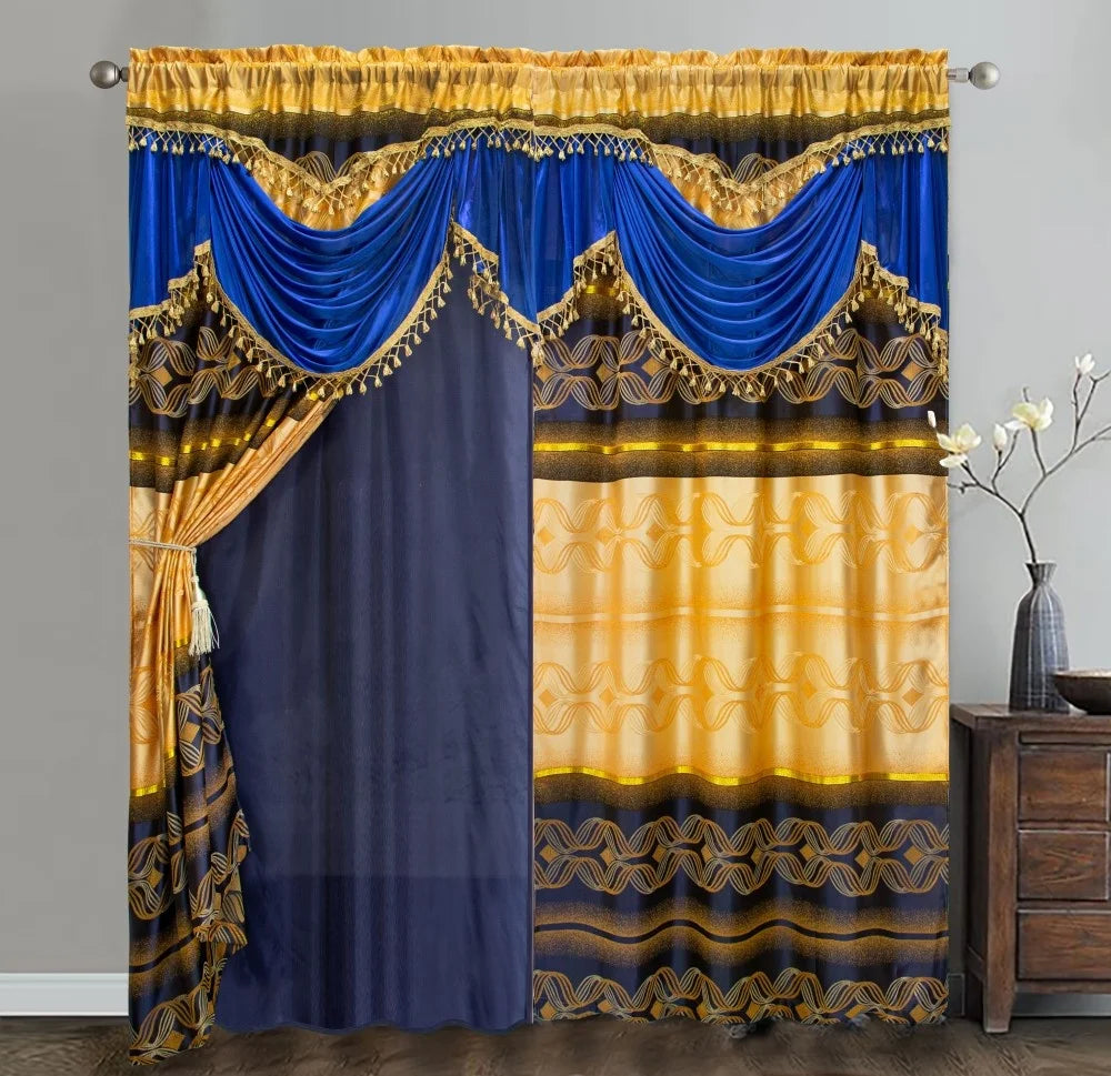 Home Decor Luxury New Design Jacquard Ready Made Window Curtain Panel Set Attached Waterfall Valance for Bedroom Window Blackout