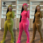 L1229 Custom Lounge Wear Two Piece Set Women Clothing Outfits Long Sleeves Tops Foldover Flare Pants Crew Neck Tshirts Pants Set