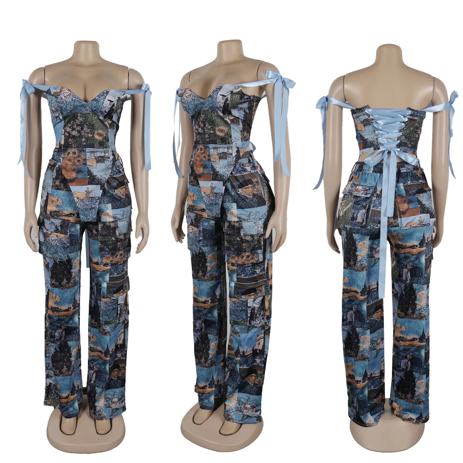 CW3296 Woman Two Piece Set Tube Top Corset and Print Wide Leg Pants Printing Pant Set for Daily