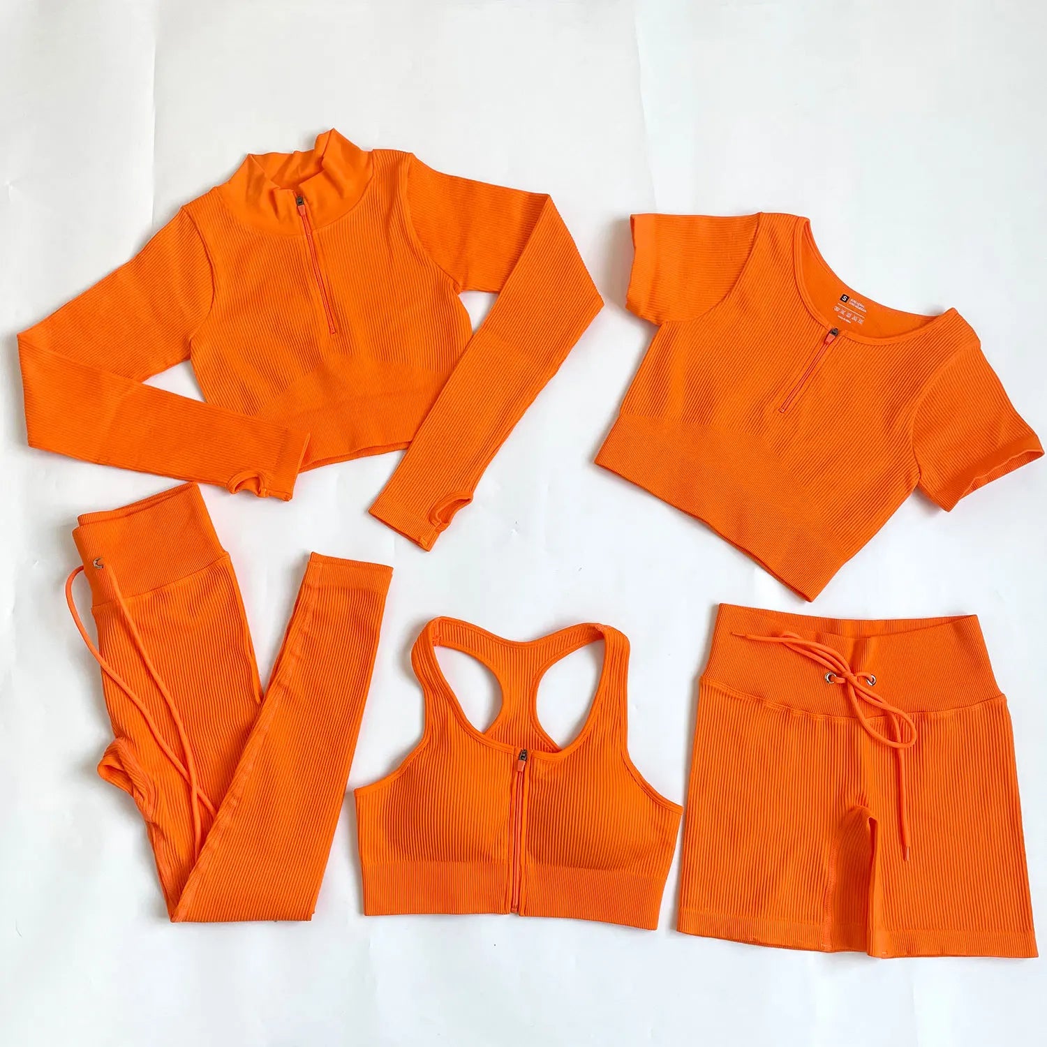 Wholesale Custom 5Pcs Sports Fitness Activewear Gym Woman Seamless Ribbed Workout Clothing Yoga Active Wear Set
