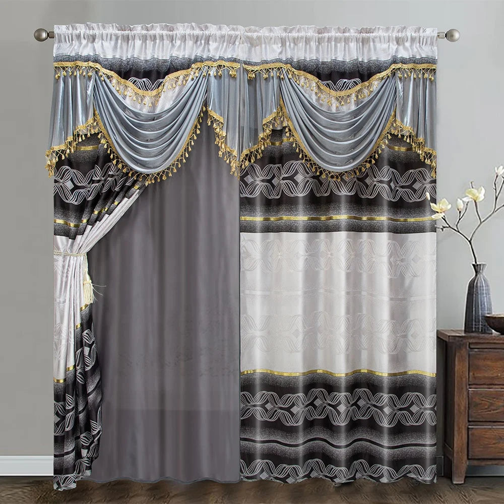 Home Decor Luxury New Design Jacquard Ready Made Window Curtain Panel Set Attached Waterfall Valance for Bedroom Window Blackout